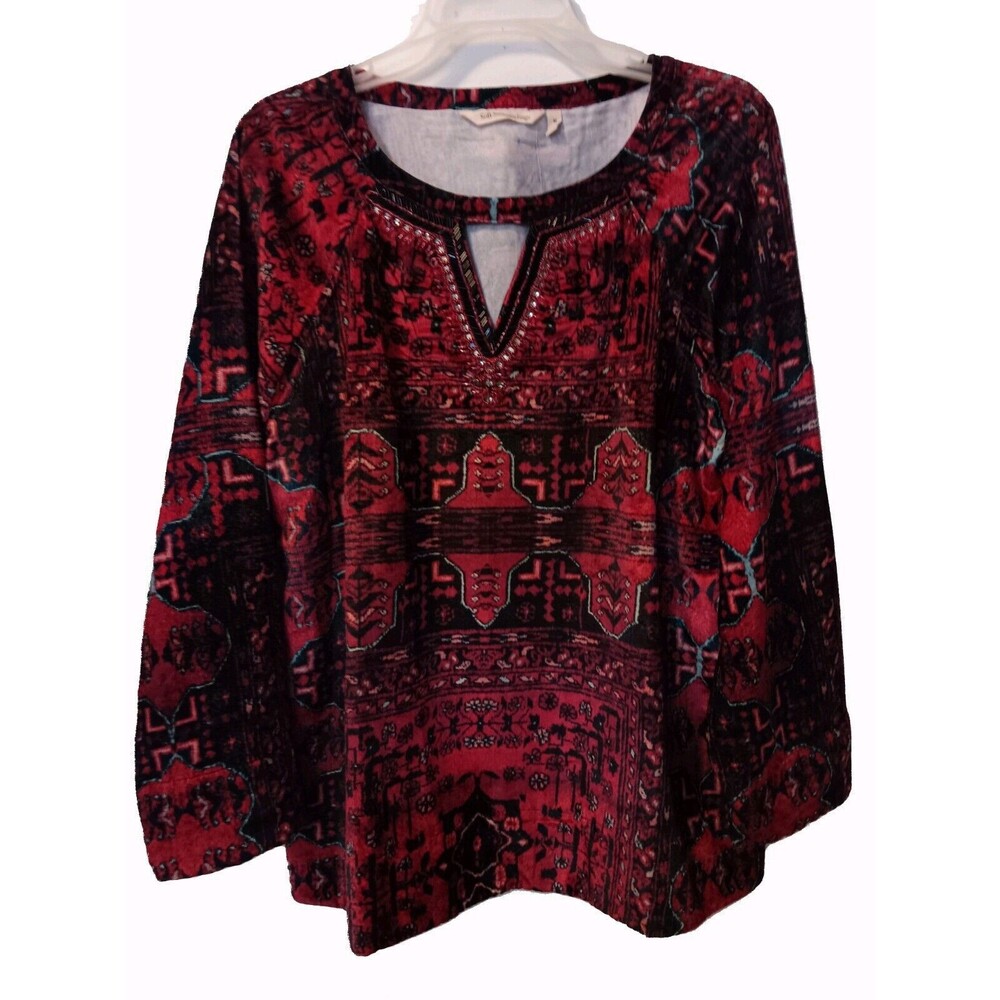 Soft Surroundings Women's Ottoman Black Pink Teal Velvet Paisley Keyhole Top, M